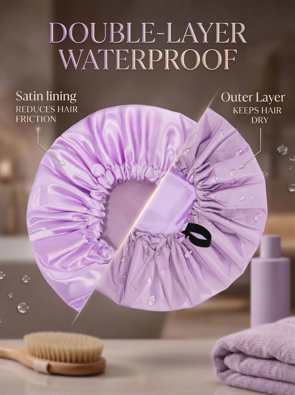 Aquior Shower Cap,Extra Adjustable Shower Caps for Women Double-Layer Waterproof Reusable Hair Cap, Large Size Hair Cap for All Hair,for Girls Spa Bath,Soft and Comfortable (Purple)