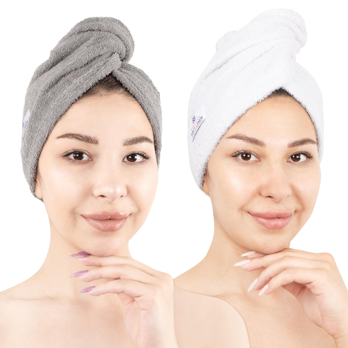 American Soft Linen 100% Cotton Hair Towels for Women, Head Towel Cap, Cotton Hair Turban Towel Wrap for Long Curly Anti Frizz Hair, Soft and Absorbent Cotton Hair Towels 2 Pack, White