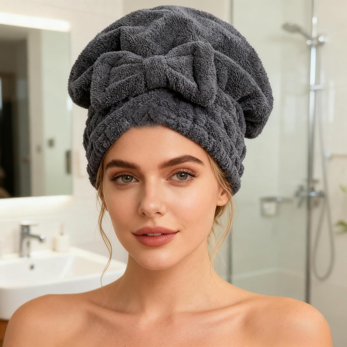 Microfiber Hair Drying Towels Head wrap with Bow-Knot Shower Cap Hair Turban hairWrap Bath Cap for Curly Short or Long & Wet Hair Gift for Women 2pack
