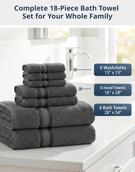 LANE LINEN Bath Towel Set 100% Cotton 18 Piece Soft Absorbent - Grey