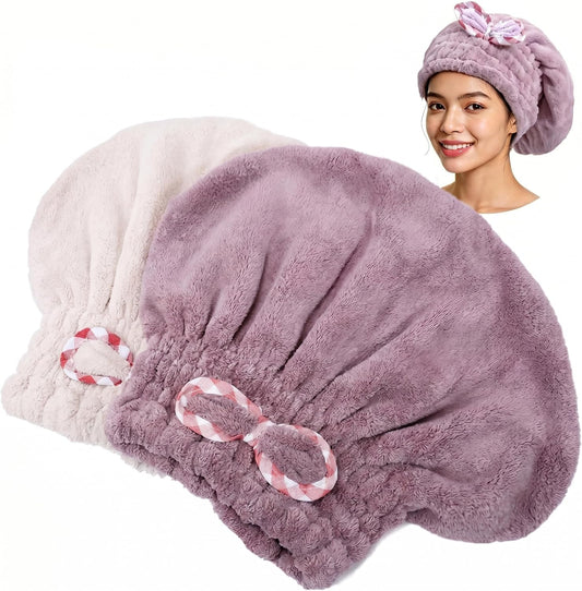 Hair Towels, 2 Pack, Purple and Khaki, 9.8 x 11.8 Inch
