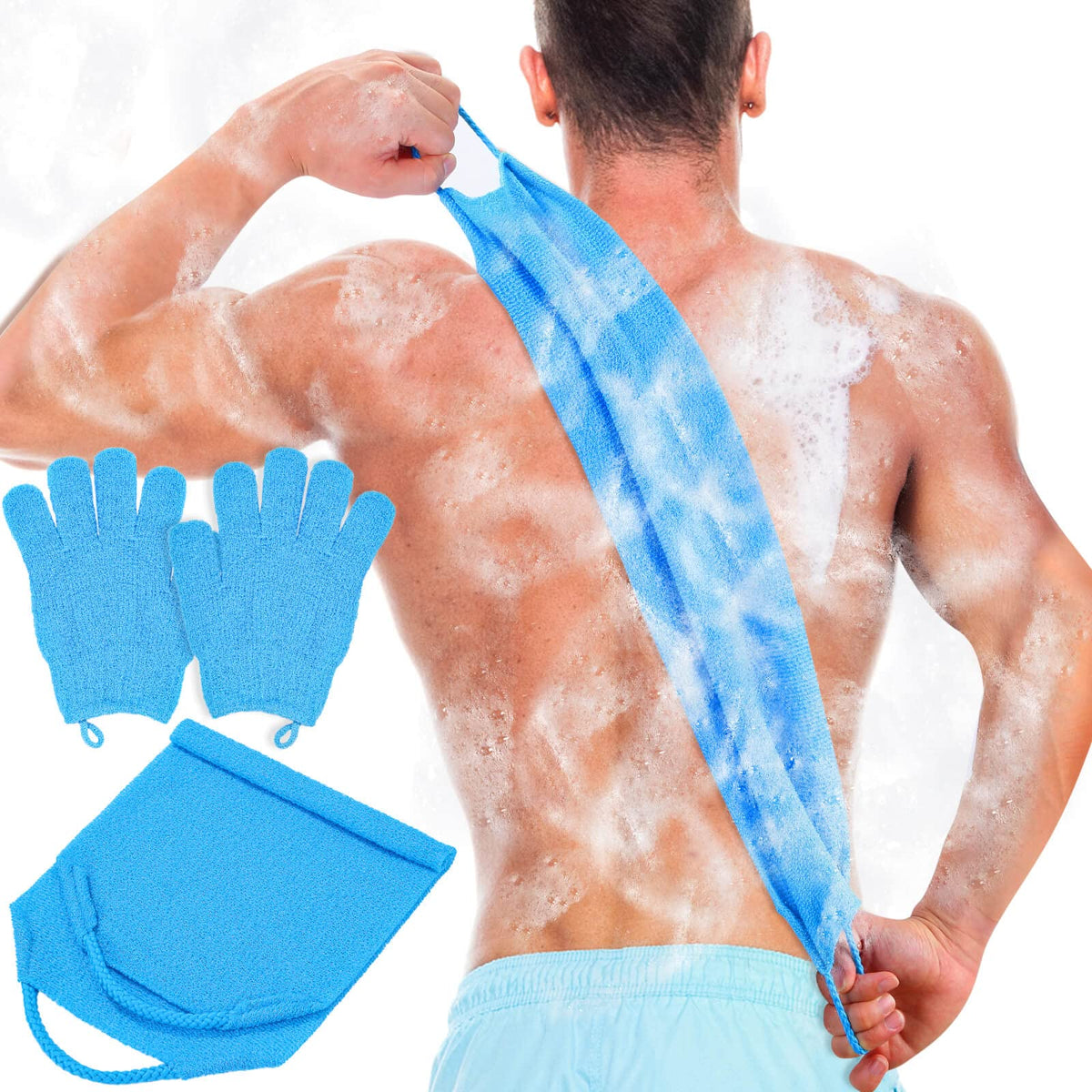 Anezus Exfoliating Back Scrubber Bath Gloves Set, Exfoliating Shower Towel with Shower Gloves for Body Scrub, Back Cleaner Wash Gloves to Remove Dead Skin (Black)