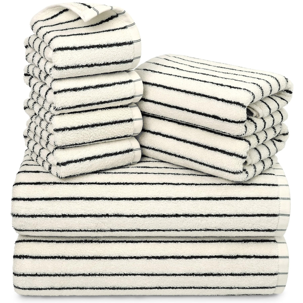 8 Piece Black and Ivory Towel Set, Super Soft & Absorbent Cotton Striped