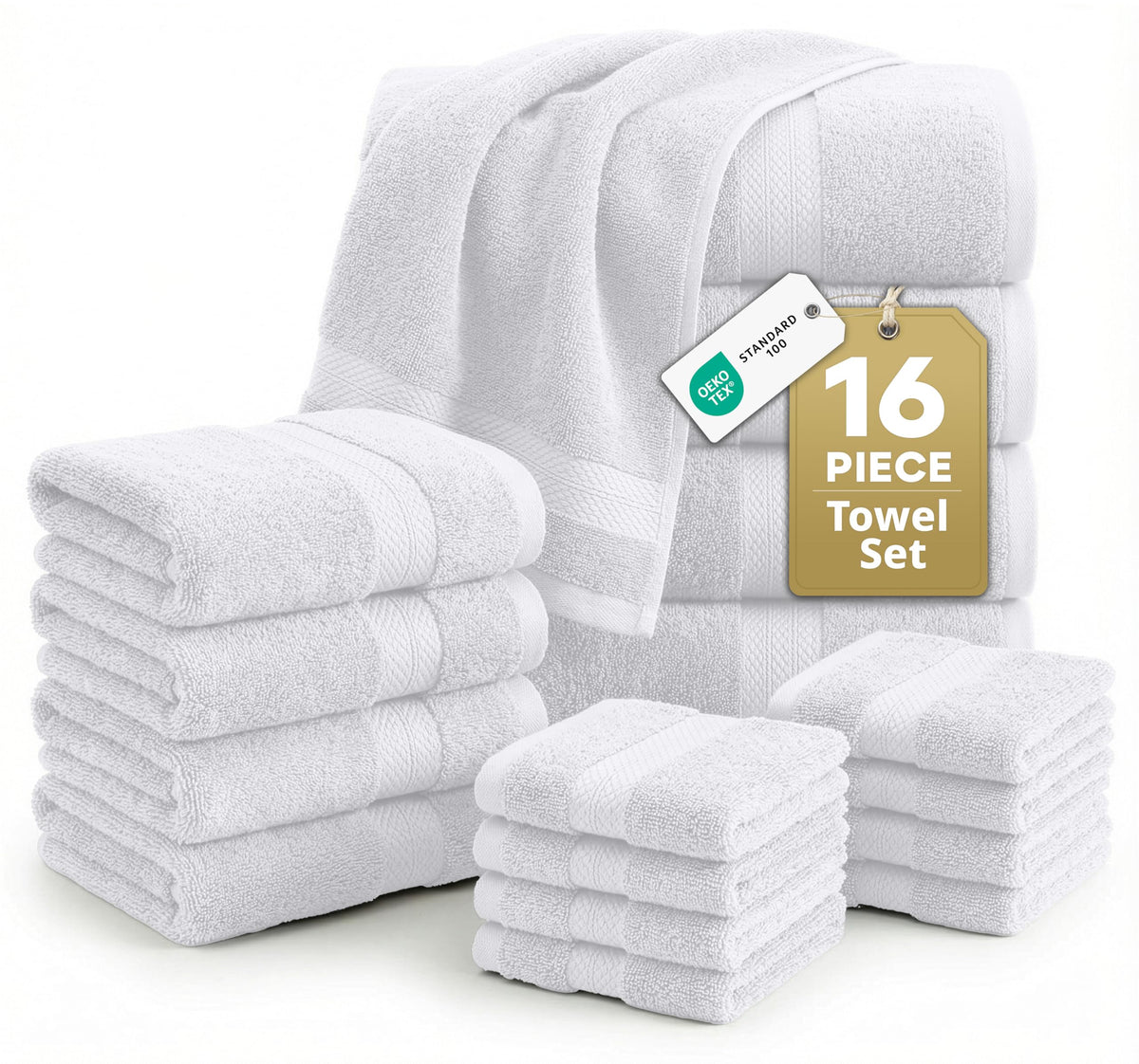 100% Cotton Bath Towels Set Soft Absorbent Quick Dry 16 Piece - Grey