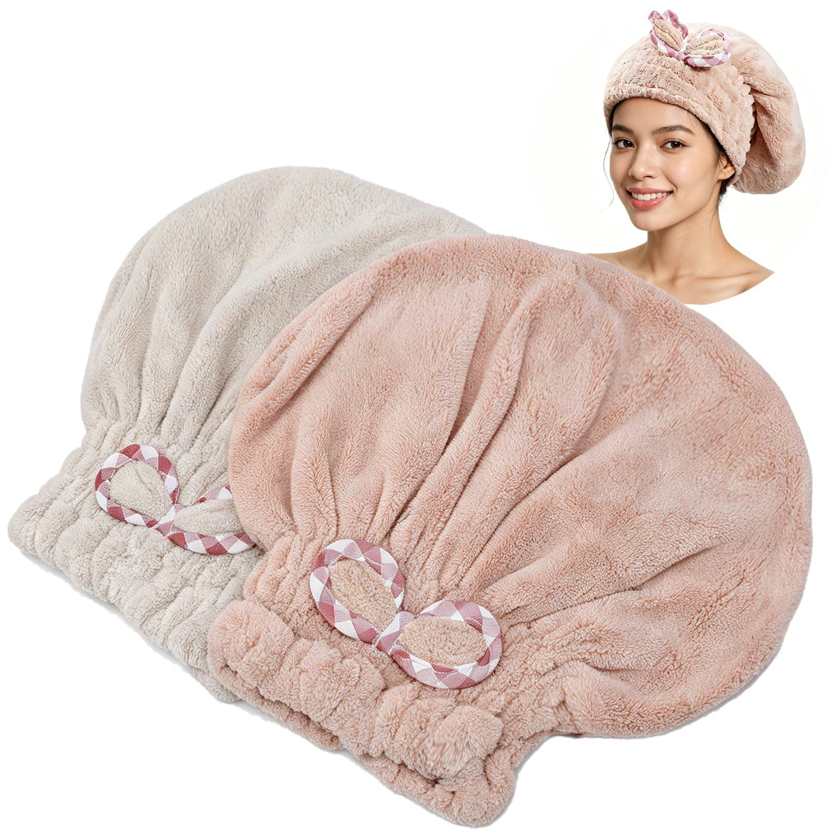 Hair Towels, 2 Pack, Purple and Khaki, 9.8 x 11.8 Inch