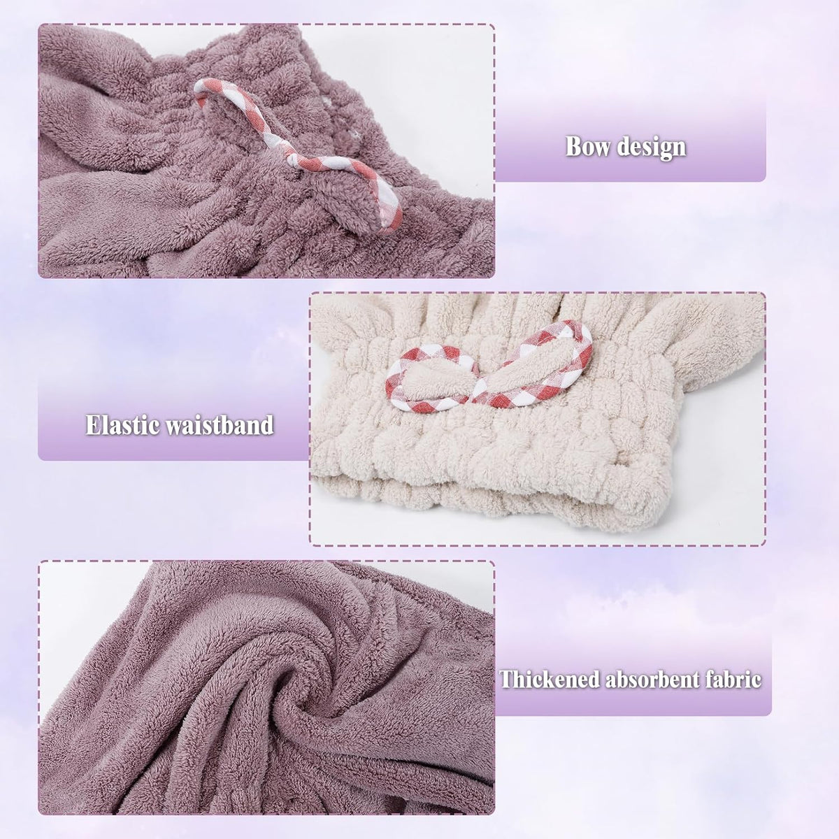 Hair Towels, 2 Pack, Purple and Khaki, 9.8 x 11.8 Inch