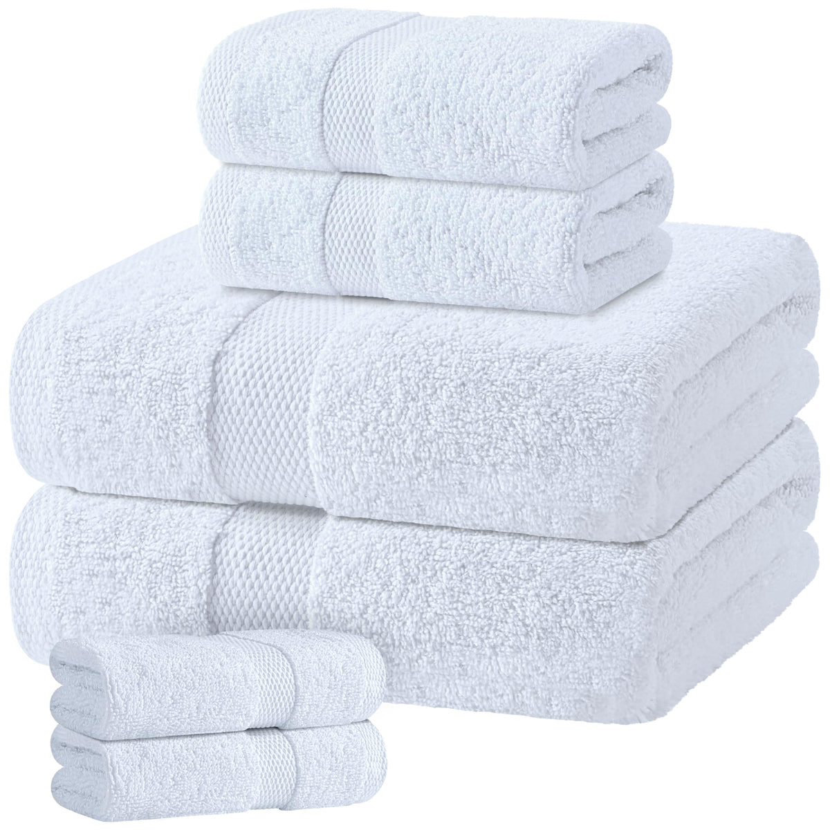 White Bath Towel Set of 6 - 100% Cotton Highly Absorbent Towels for Bathroom, 2 Luxury Bath Towels 650GSM, 2 Hand Towels, 2 Washcloths