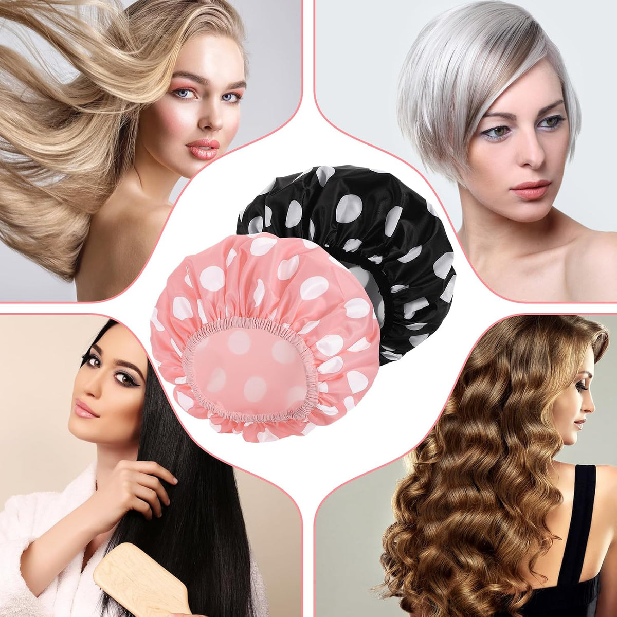 WSICSE 2 Packs Large Shower Caps for Women, Waterproof Shower Cap Double Layers Bath Caps with Hair Scrunchies for Long Thick Hair