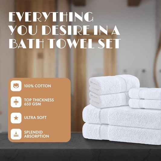 White Bath Towel Set of 6 - 100% Cotton Highly Absorbent Towels for Bathroom, 2 Luxury Bath Towels 650GSM, 2 Hand Towels, 2 Washcloths