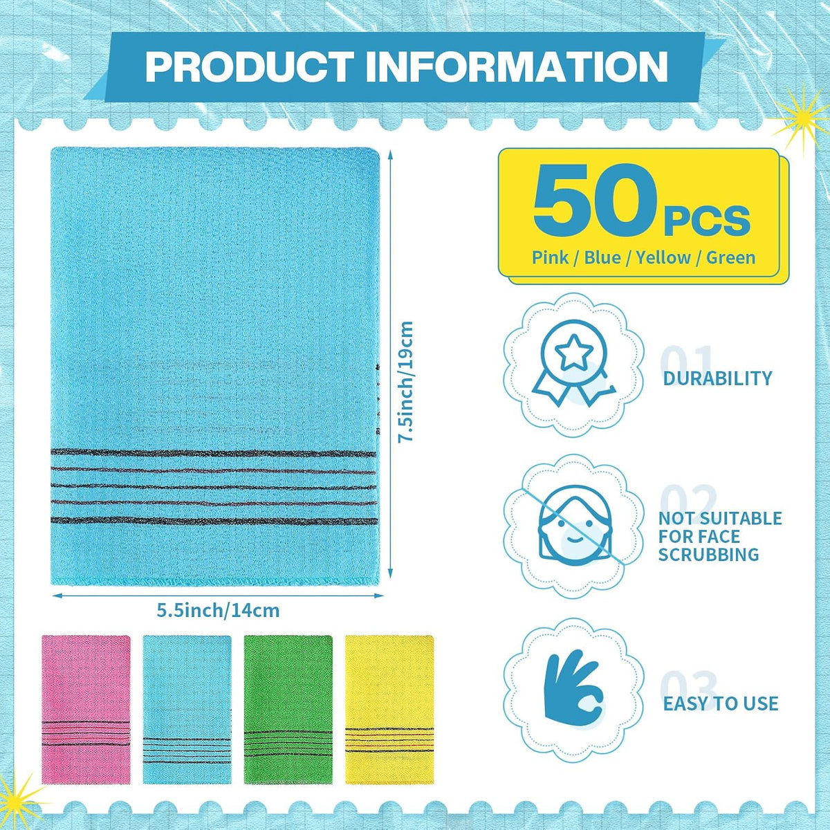 50 Pcs Korean Exfoliating Washcloth Large Size Mitt Scrub Exfoliating Body Scrubber Back and Body Bath Washcloth Reusable for Removing Dry, Green, Blue, Pink, Yellow