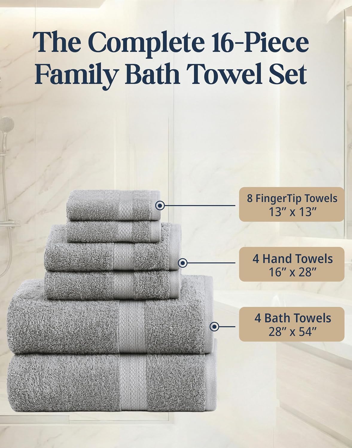 100% Cotton Bath Towels Set Soft Absorbent Quick Dry 16 Piece - Grey