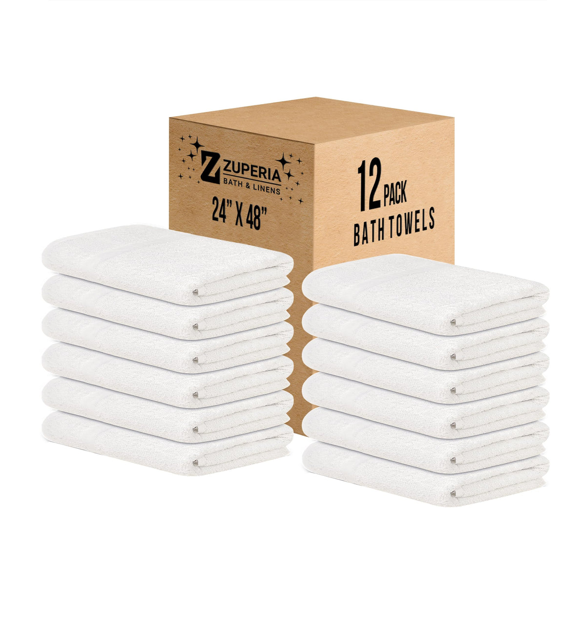 ZUPERIA White Bath Towels Bulk 12 Pack (24 x 48 Inches) - 100% Cotton Economy Light Weight Towels for Commercial Use - Quick Dry, Ultra-Soft, and Absorbent Bulk Towels