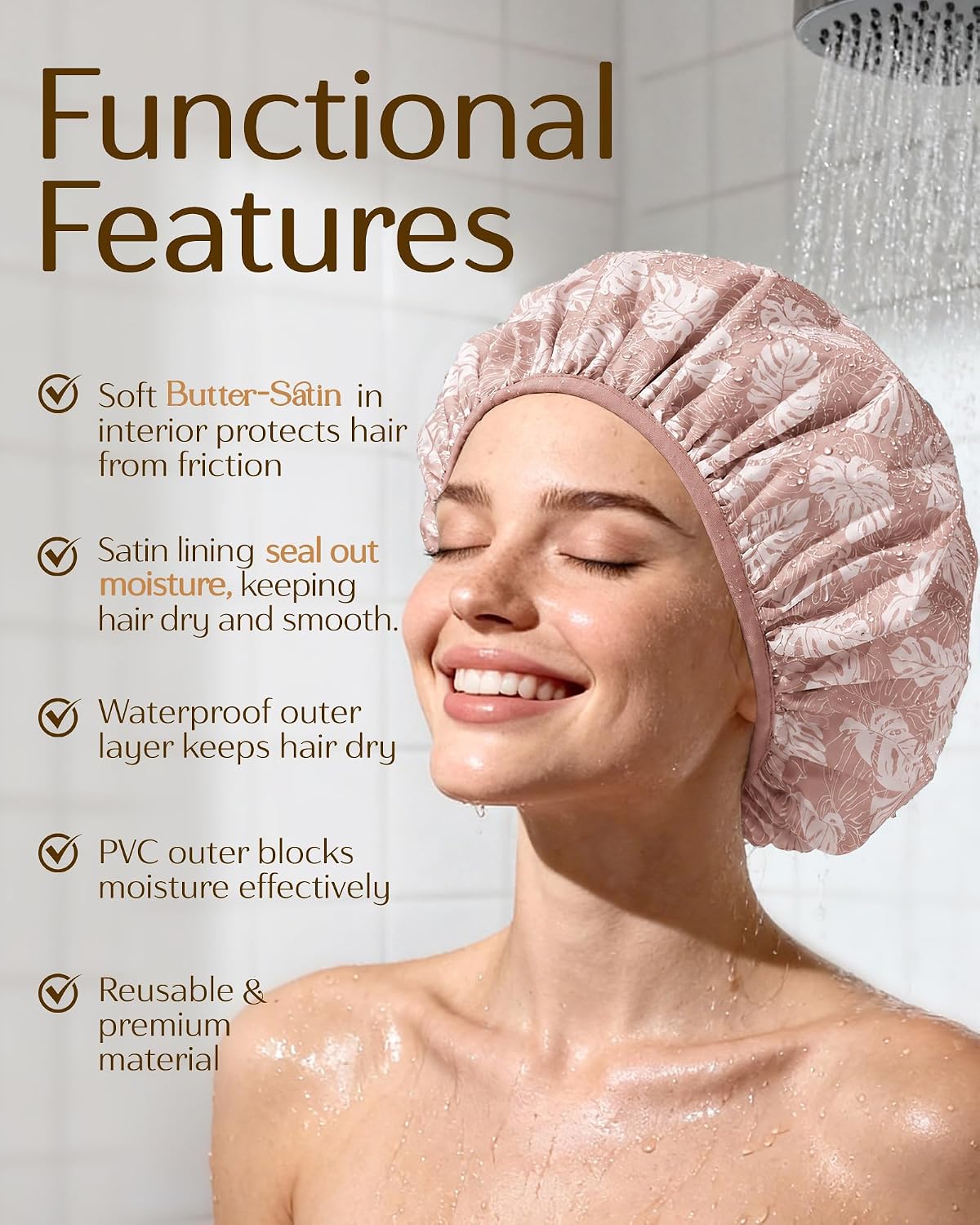 Yanibest Frizz Free Satin Lined Shower Cap with Soft Elastic Band