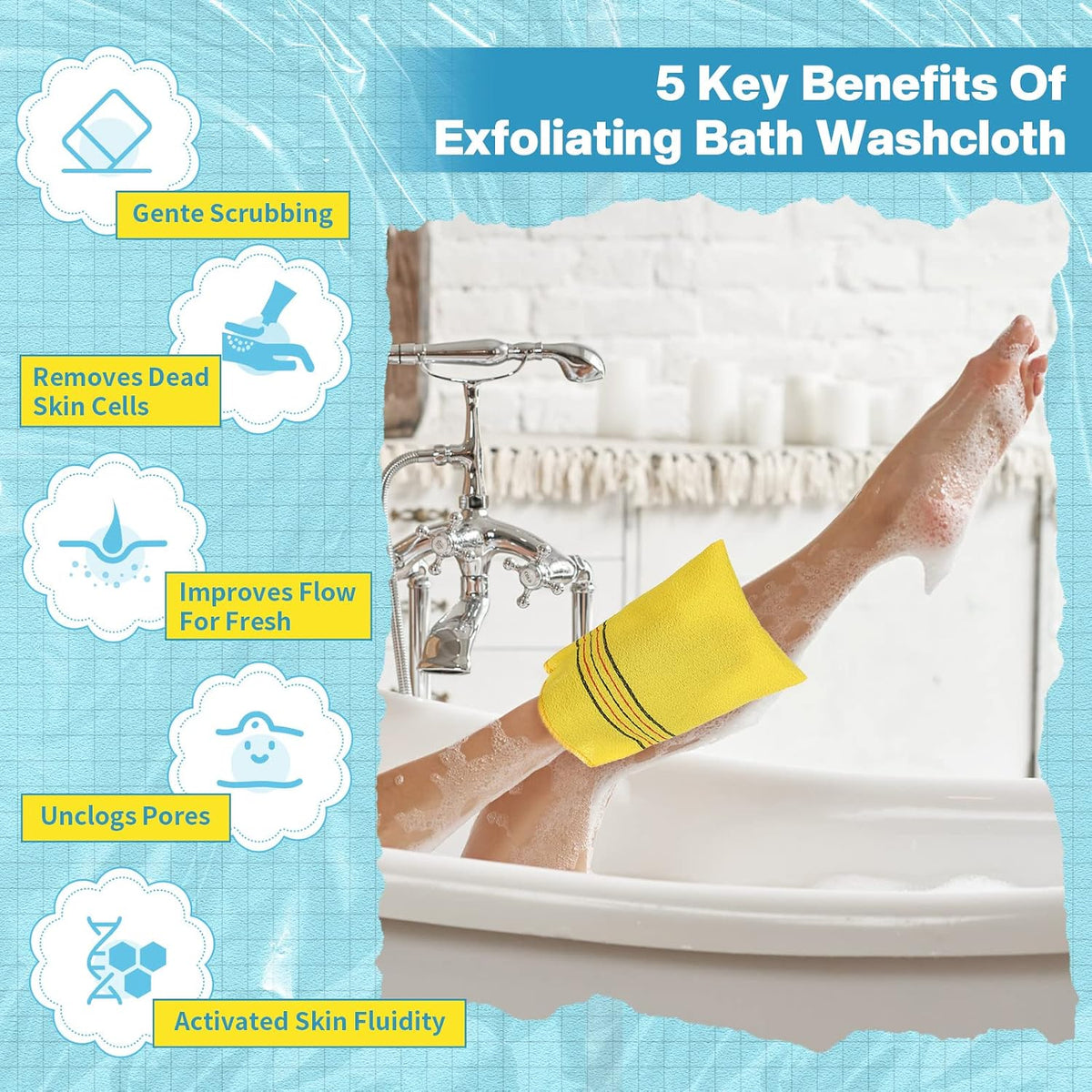 50 Pcs Korean Exfoliating Washcloth Large Size Mitt Scrub Exfoliating Body Scrubber Back and Body Bath Washcloth Reusable for Removing Dry, Green, Blue, Pink, Yellow