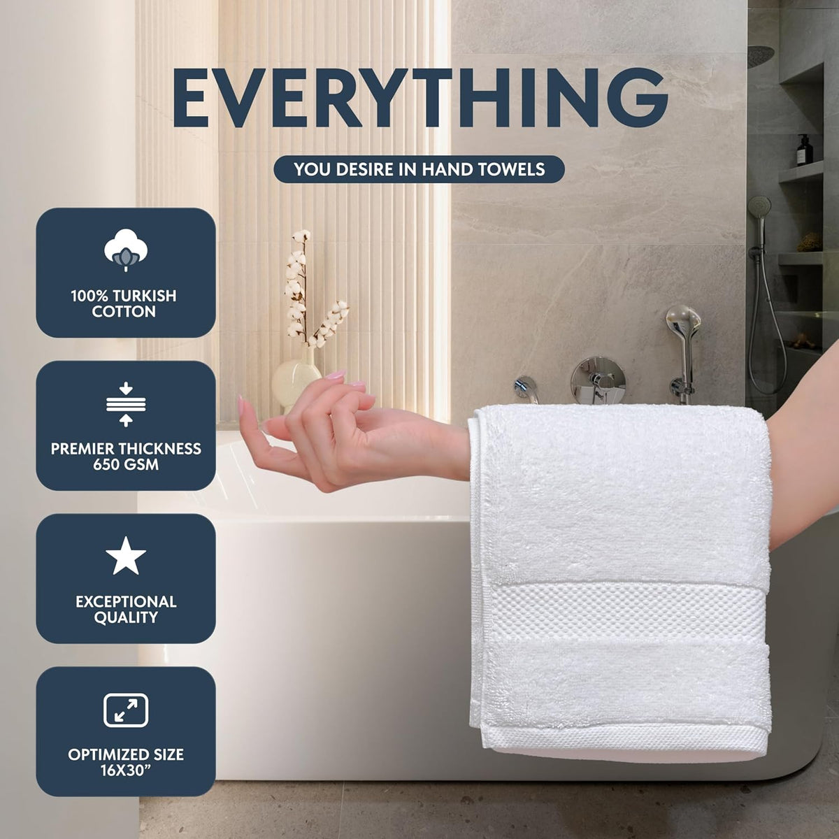 White Classic Luxury White Hand Towels - 100% Turkish Cotton, 16x30, 6 Pack