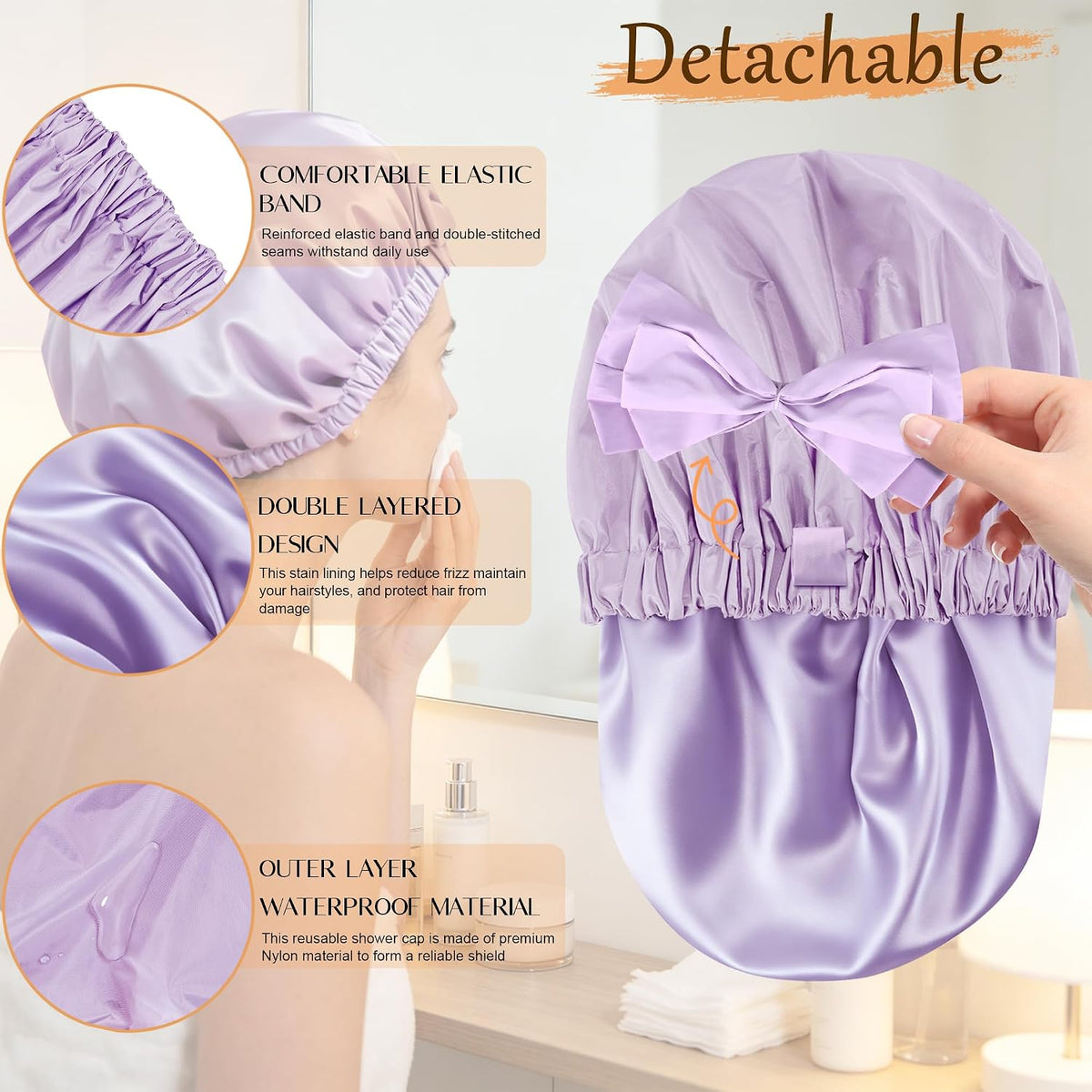 Shower Cap for Women, Large Waterproof Reusable Hair Cap with Bow