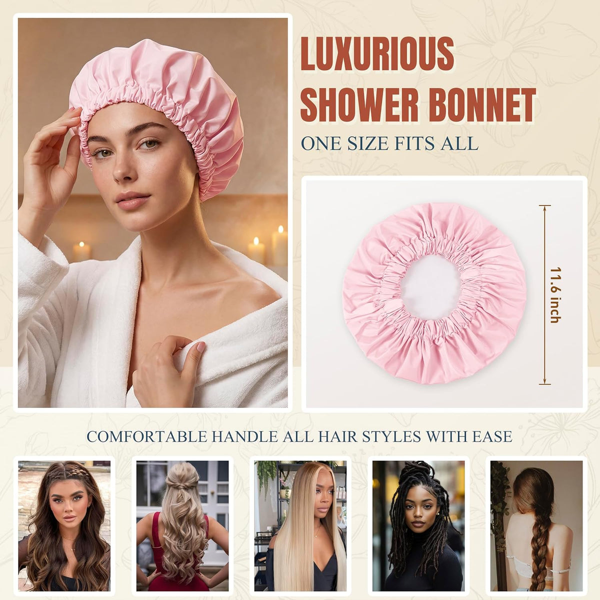 Shower Cap for Women, Reusable Waterproof Long Hair Bonnet