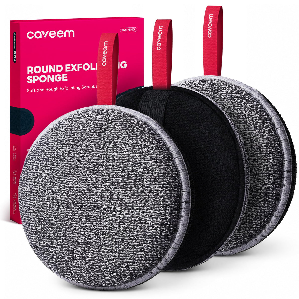 Caveem Exfoliating Body Scrubber, Shower Scrubber for Body, 2 Pack, Round | Dual Texture Exfoliation, Bath and Body Scrub Buffer, Body Exfoliator for Remove Dead Skin, Gentle Rough Sponge for Shower