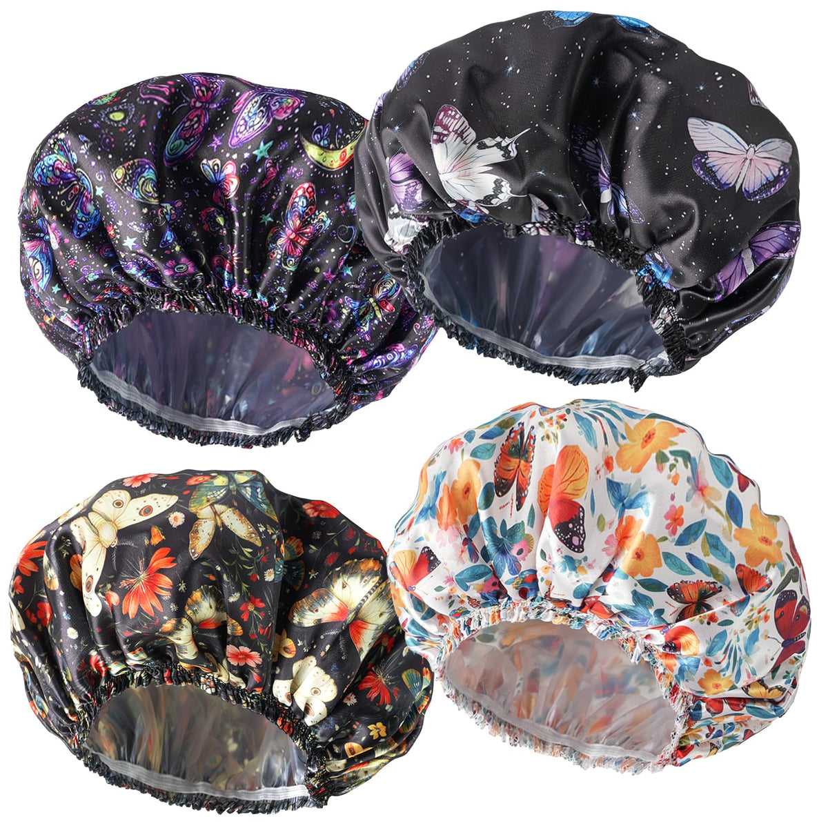 Shower Caps for Women, 4 PCS Reusable Waterproof Bath Cap