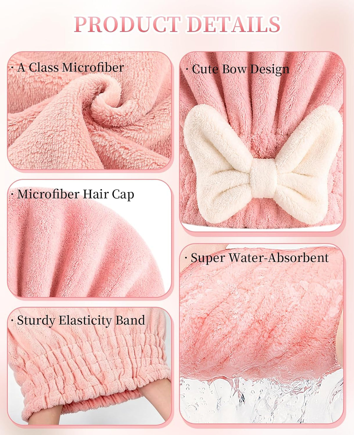 3 Pack Microfiber Hair Towel Drying Cap, Super Absorbent Fast Drying Hair Turban with Bow for Women