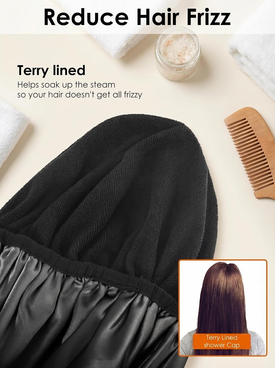 Aquior Shower Cap,Terry Lined Shower Cap for Women Reusable, Triple Layer Waterproof Bath Cap, Extra Large for Women Long Hair(Black)