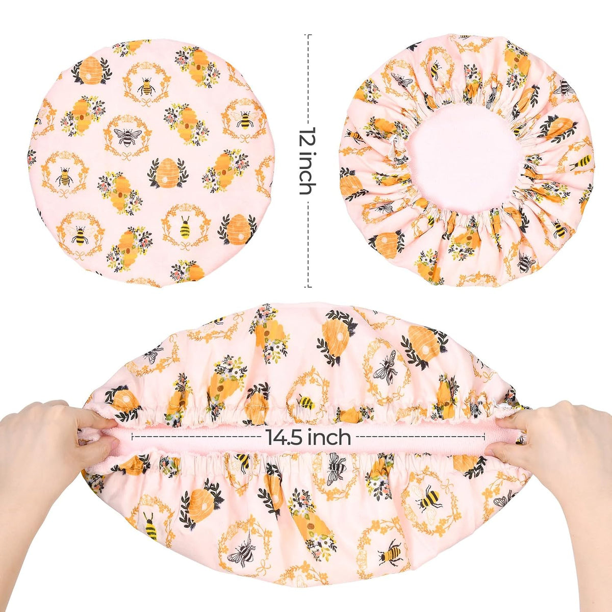 Shower Cap for Women Terry Lined Bee Bath Cap Large Reusable Waterproof Elastic Band Beekeeper Shower Caps for Long Thick Hair Soft Bath Shower Hair Caps