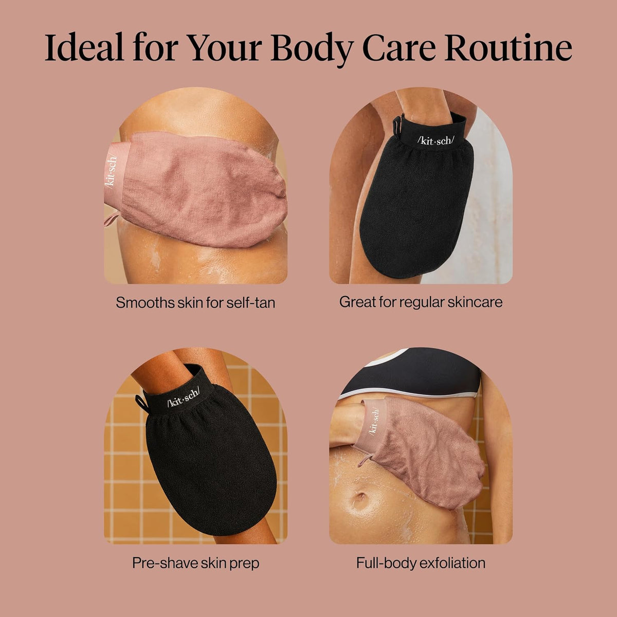 Kitsch Exfoliating Glove – Exfoliating Mitt - 2pc Black & Terracotta