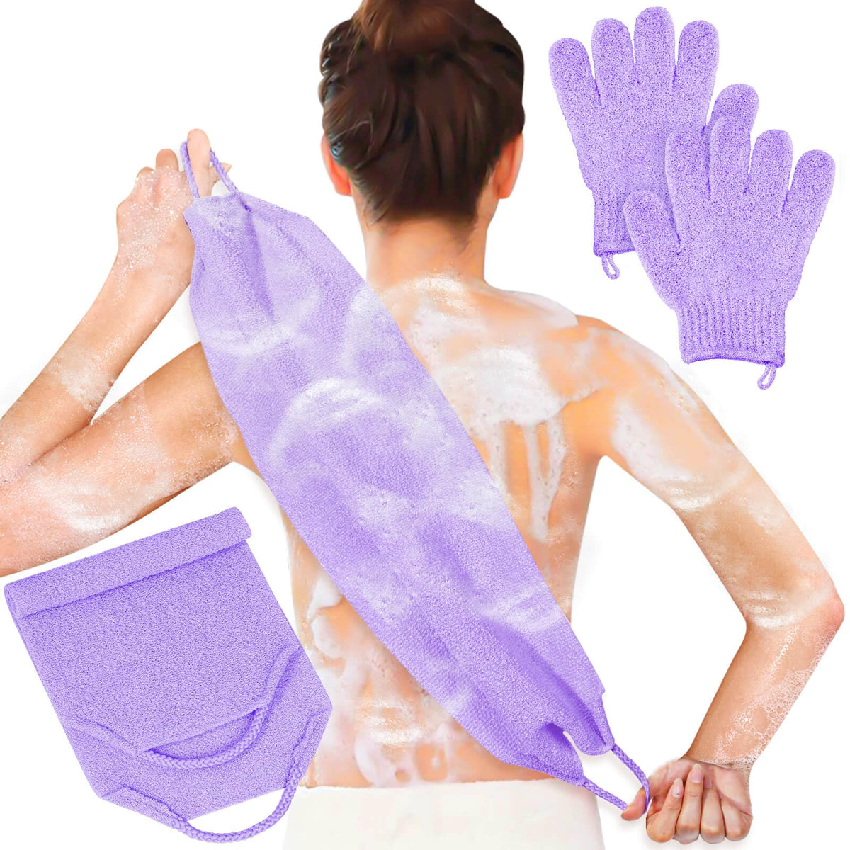 Anezus Exfoliating Back Scrubber Bath Gloves Set, Exfoliating Shower Towel with Shower Gloves for Body Scrub, Back Cleaner Wash Gloves to Remove Dead Skin (Black)