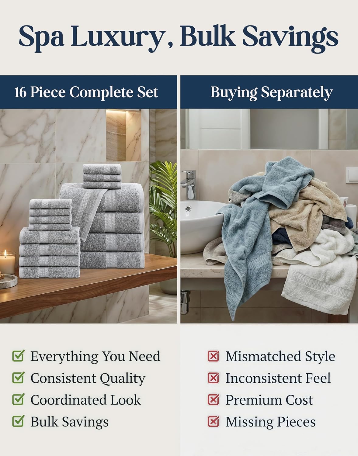 100% Cotton Bath Towels Set Soft Absorbent Quick Dry 16 Piece - Grey