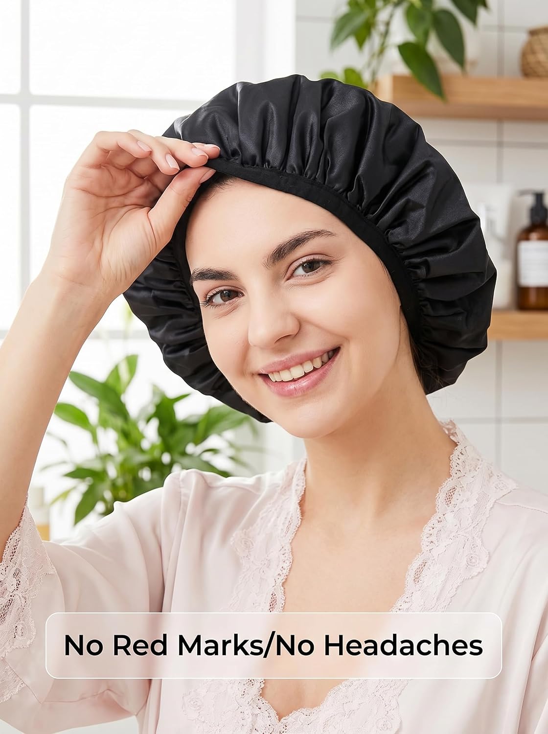 Aquior Shower Cap,Terry Lined Shower Cap for Women Reusable, Triple Layer Waterproof Bath Cap, Extra Large for Women Long Hair(Black)
