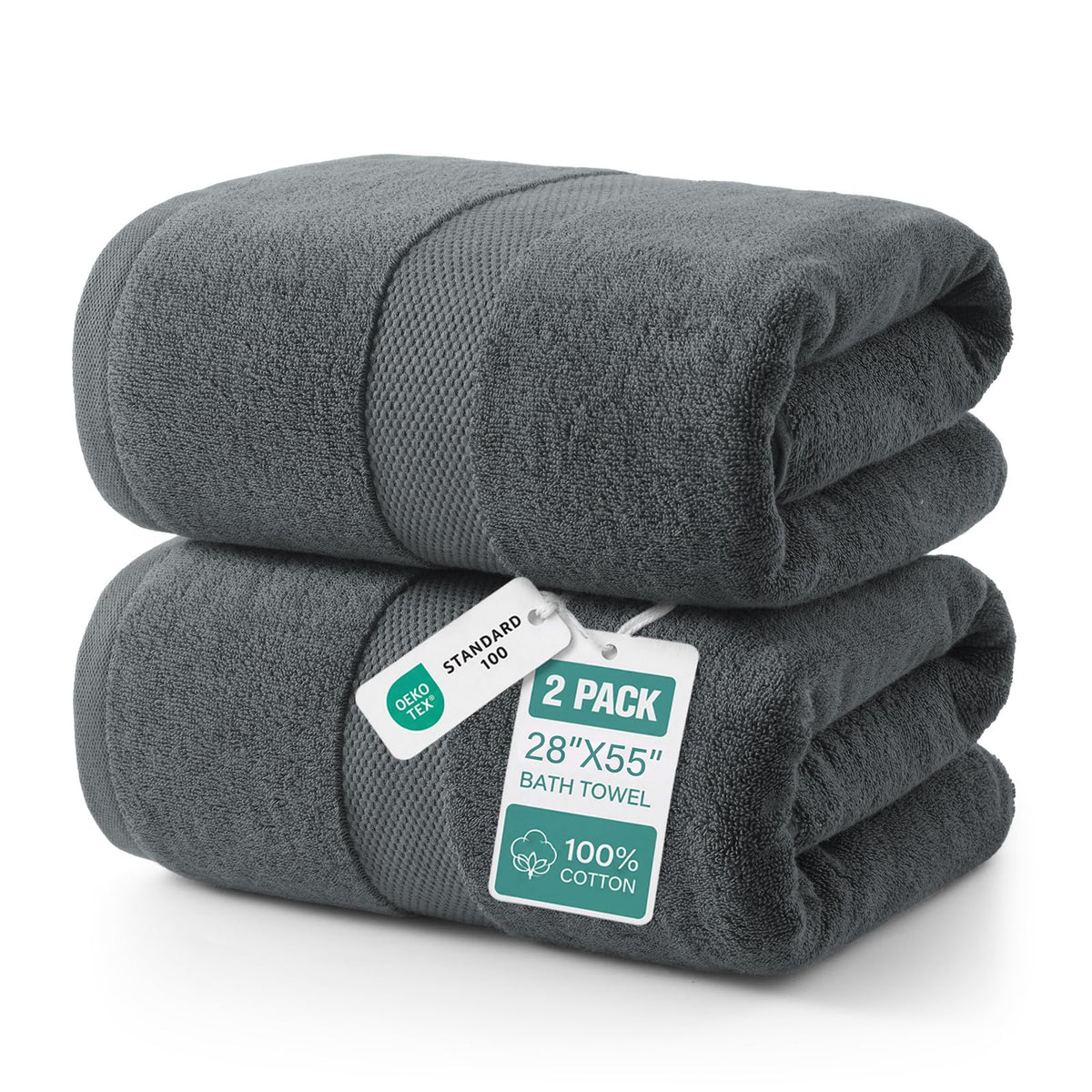 ecolook 2 Pack 100% Cotton Bath Towels, 28 x 55 Inches, Soft