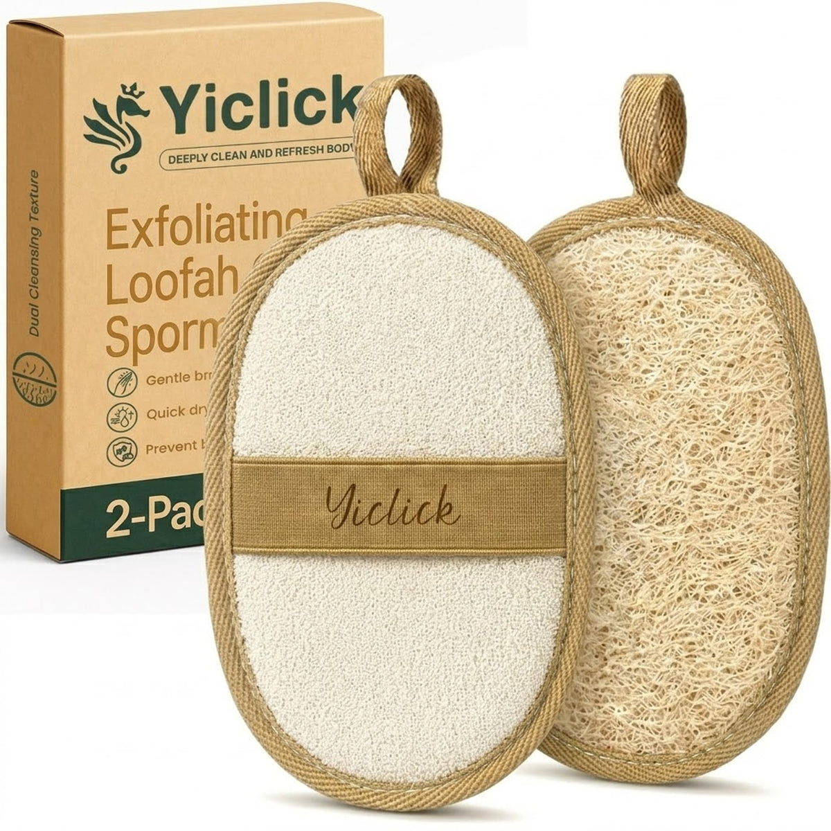 Yiclick Exfoliating Body Scrubber (2 Pack), Body Exfoliator Scrubber, Exfoliating Sponge for Shower Bath, Shower Loofah Luffa Lufa with Handle, Dead Skin Exfoliator for Body Scrub, Men Women