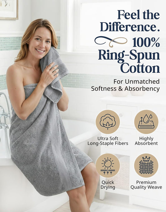 100% Cotton Bath Towels Set Soft Absorbent Quick Dry 16 Piece - Grey