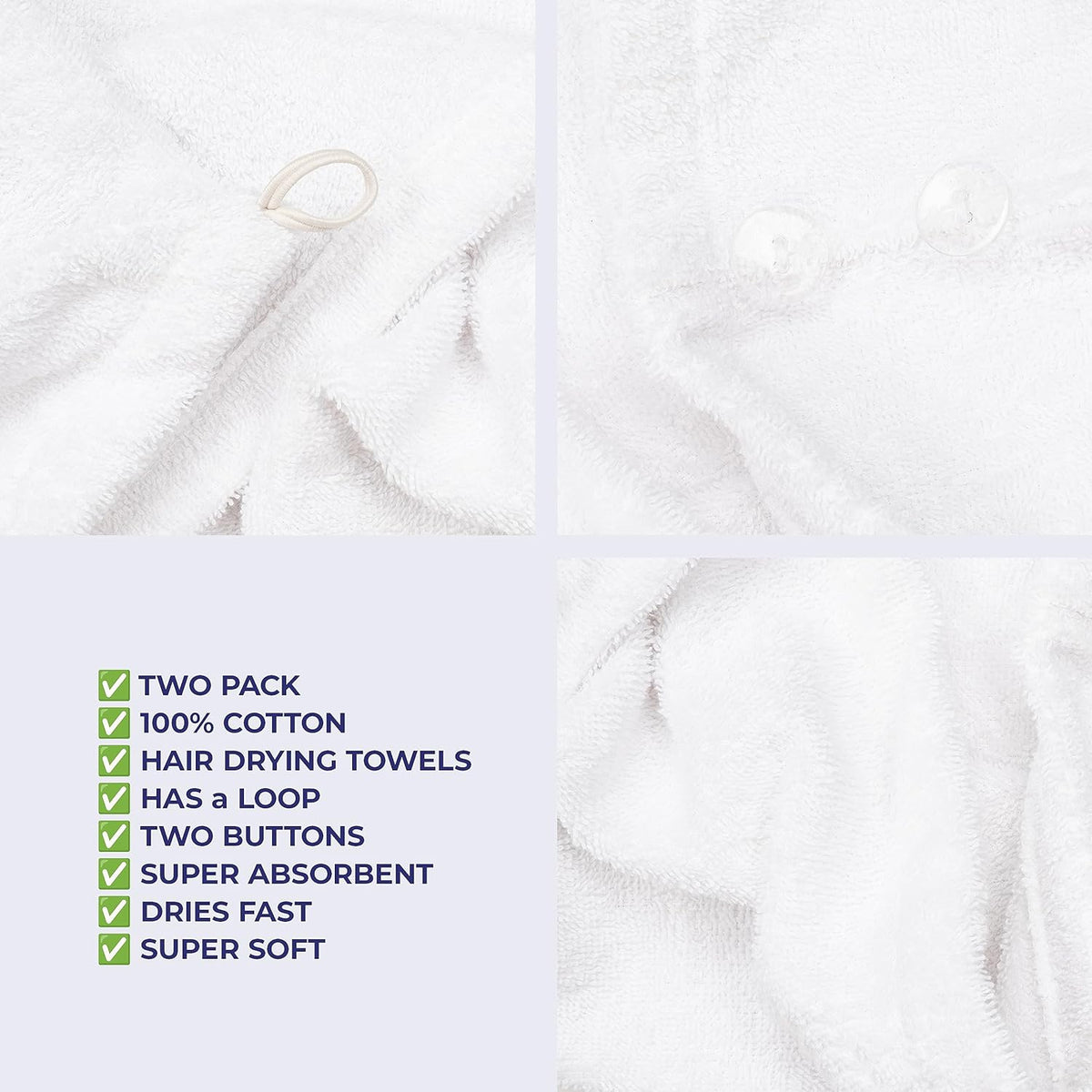 American Soft Linen 100% Cotton Hair Towels for Women, Head Towel Cap, Cotton Hair Turban Towel Wrap for Long Curly Anti Frizz Hair, Soft and Absorbent Cotton Hair Towels 2 Pack, White