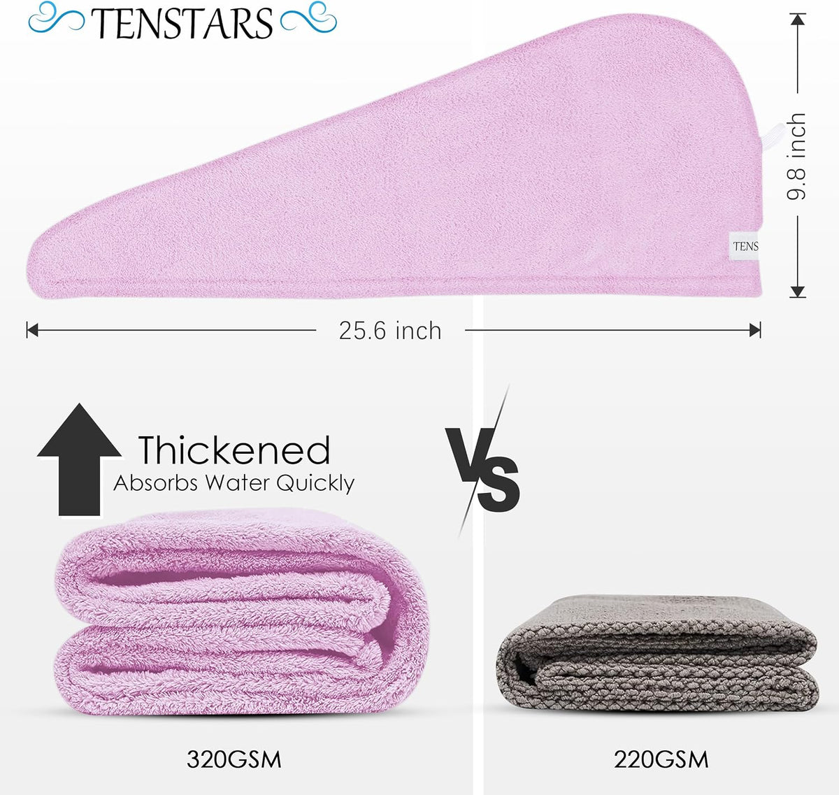 TENSTARS Microfiber Hair Towel Wrap for Women All Hair Types, 320GSM Thick