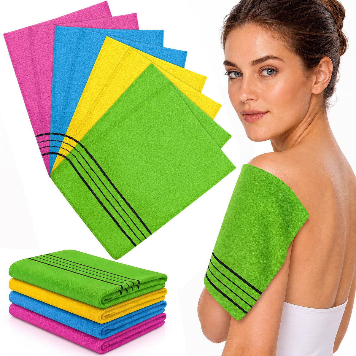 Tatuo 12 Pack Korean Exfoliating Mitts, Body Scrub, 8 x 5.5 in, 4 Colors