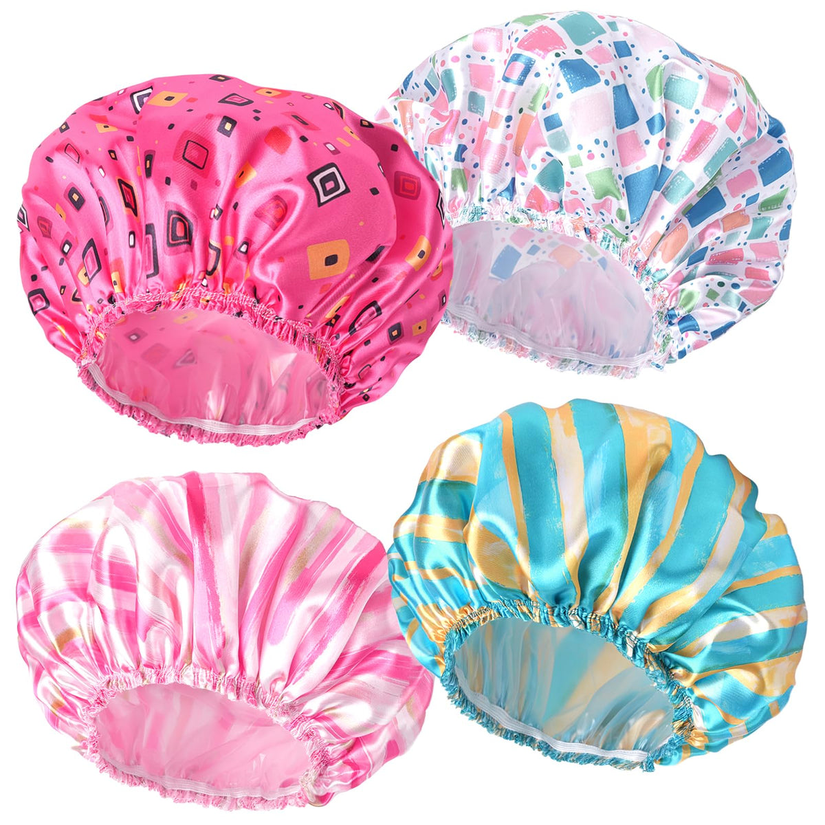 Shower Caps for Women, 4 PCS Reusable Waterproof Bath Cap