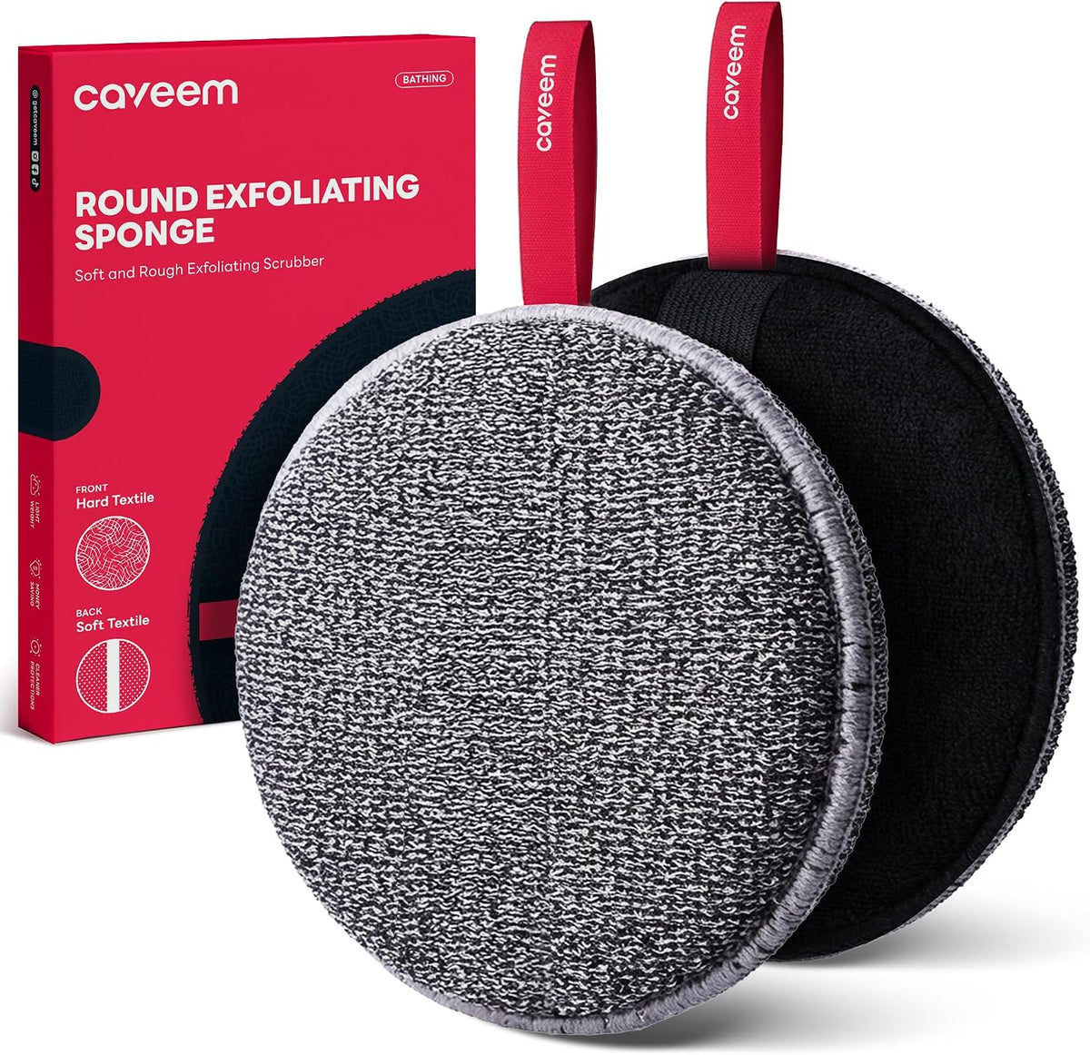 Caveem Exfoliating Body Scrubber, Shower Scrubber for Body, 2 Pack, Round | Dual Texture Exfoliation, Bath and Body Scrub Buffer, Body Exfoliator for Remove Dead Skin, Gentle Rough Sponge for Shower