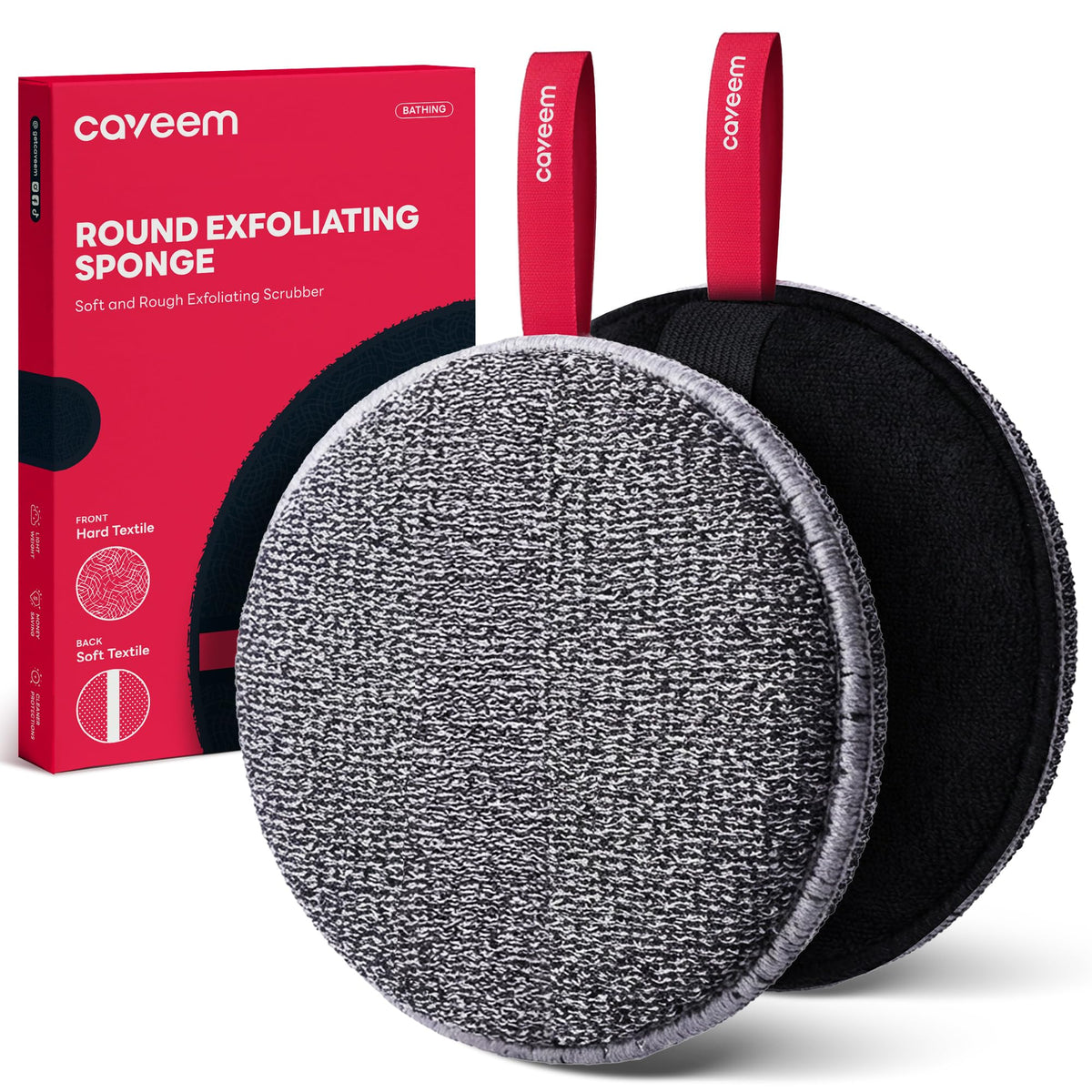 Caveem Exfoliating Body Scrubber, Shower Scrubber for Body, 2 Pack, Round | Dual Texture Exfoliation, Bath and Body Scrub Buffer, Body Exfoliator for Remove Dead Skin, Gentle Rough Sponge for Shower