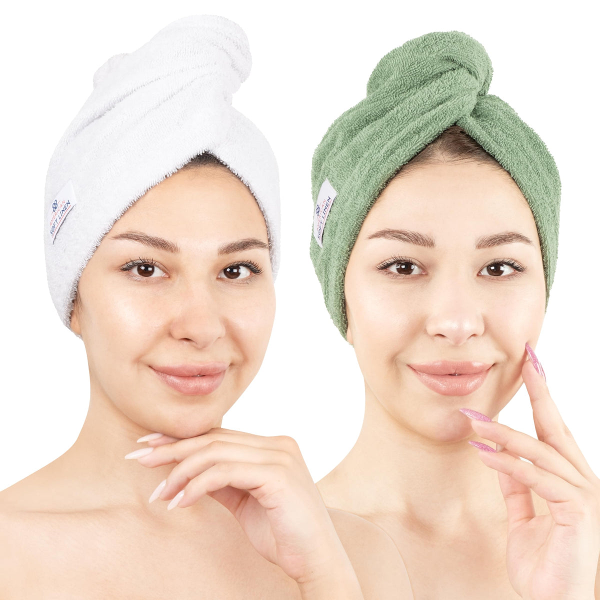 American Soft Linen 100% Cotton Hair Towels for Women, Head Towel Cap, Cotton Hair Turban Towel Wrap for Long Curly Anti Frizz Hair, Soft and Absorbent Cotton Hair Towels 2 Pack, White