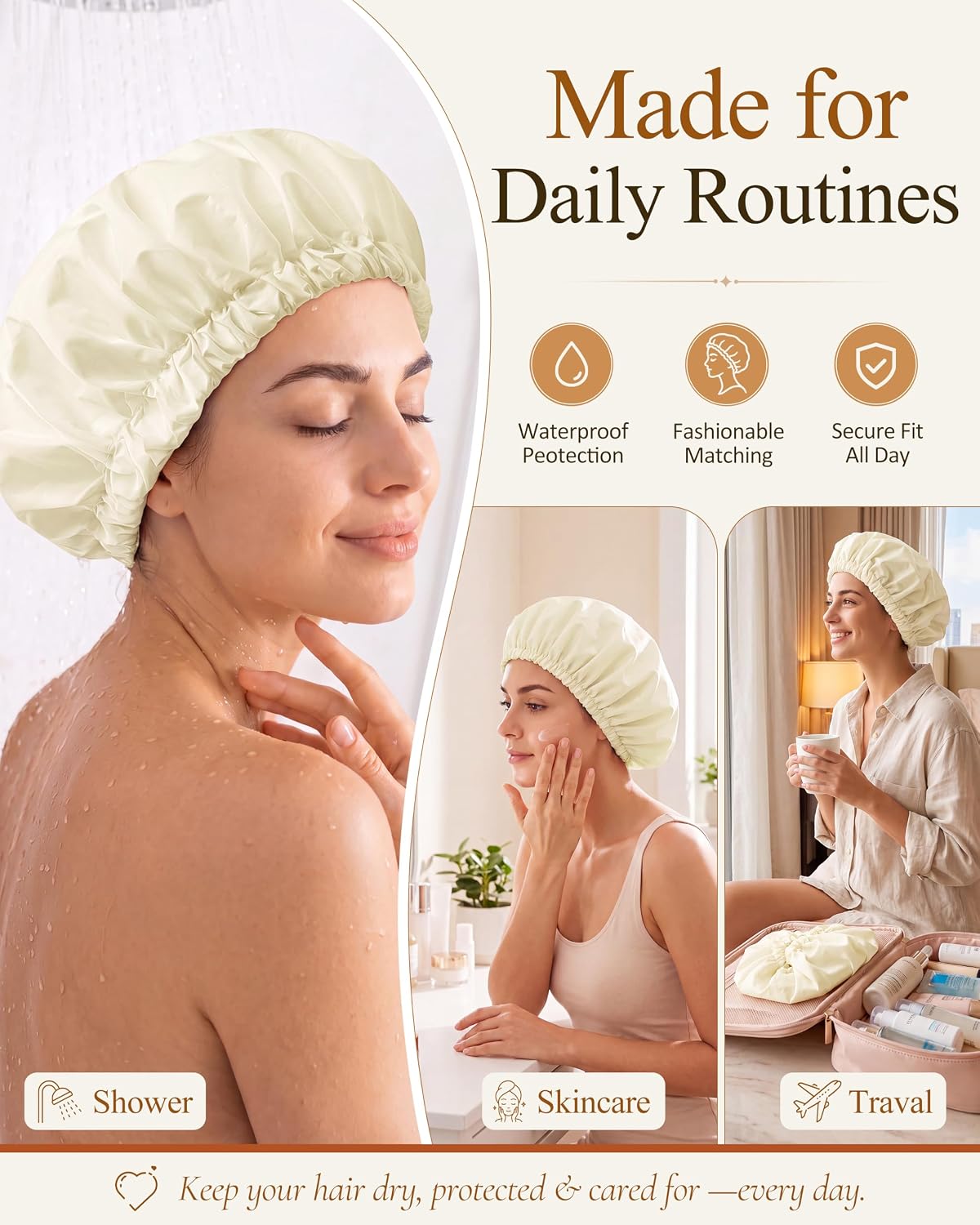 Edoneery Shower Caps for Women Reusable Waterproof, Shower Hair Cap