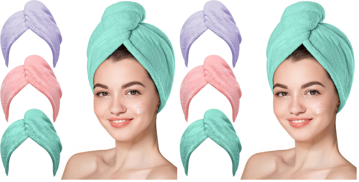 Hicober Microfiber Hair Towel Wrap for Women, Blue Grey Pink, 3-Pack