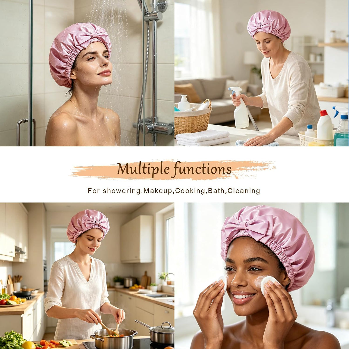 Shower Cap for Women, Large Waterproof Reusable Hair Cap with Bow