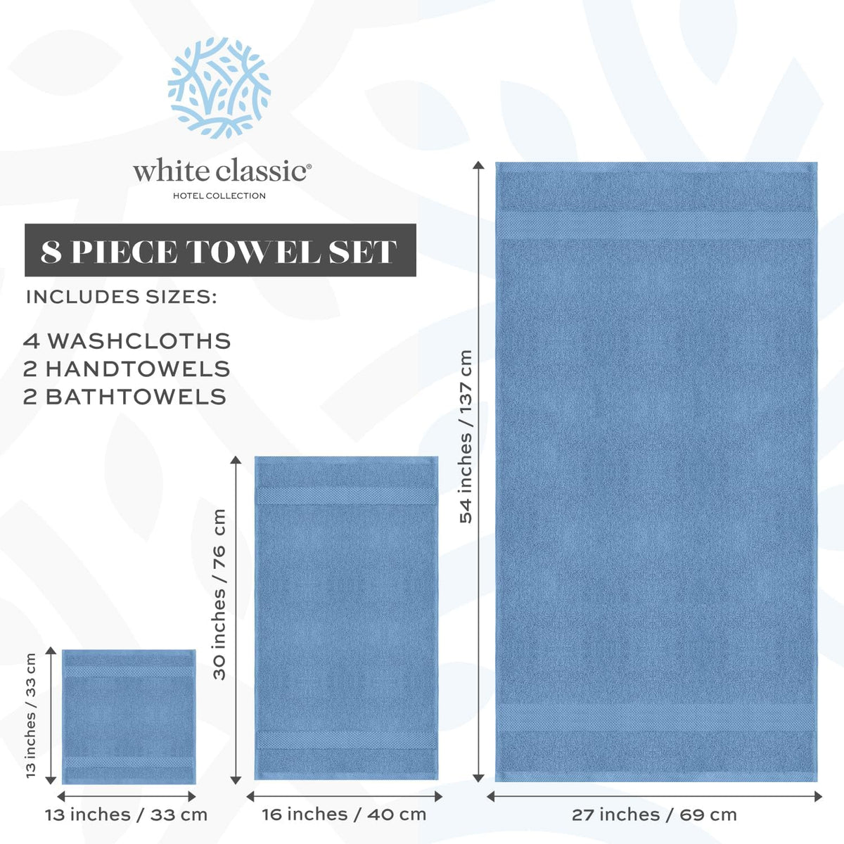 White Classic Luxury Light Blue Bath Towel Set of 8-100% Turkish Cotton