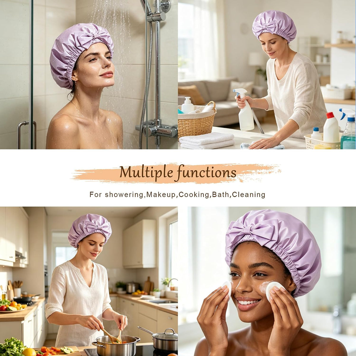 Shower Cap for Women, Large Waterproof Reusable Hair Cap with Bow