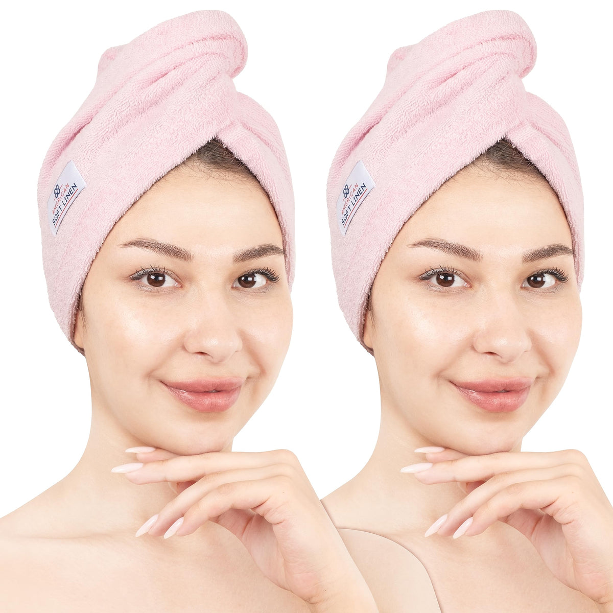 American Soft Linen 100% Cotton Hair Towels for Women, Head Towel Cap, Cotton Hair Turban Towel Wrap for Long Curly Anti Frizz Hair, Soft and Absorbent Cotton Hair Towels 2 Pack, White