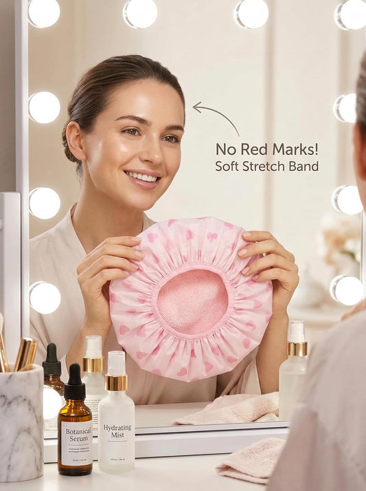 Auban Shower Cap, Shower Cap for Women Terry Cloth Lined EVA Exterior Reusable Double Layer Waterproof, Large Bath Hair Cap, Hotel Travel Essentials Accessories Cleaning Supplies(Pink)