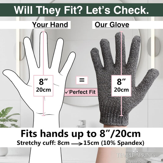 Temple Spring Shower Gloves Exfoliating for Women – Natural Textured Rayon Bamboo Exfoliating Glove with Thicker Weave for Deep Cleansing, Dead Skin Removal & Smooth Radiant Skin (1 Pair, Gray)