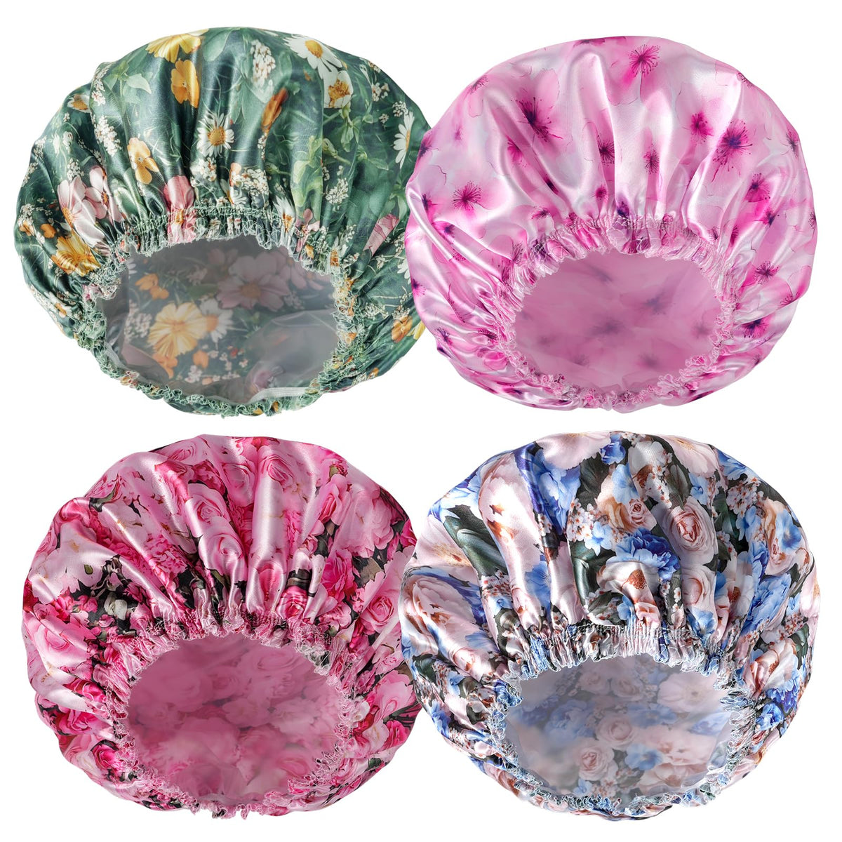 Shower Caps for Women, 4 PCS Reusable Waterproof Bath Cap