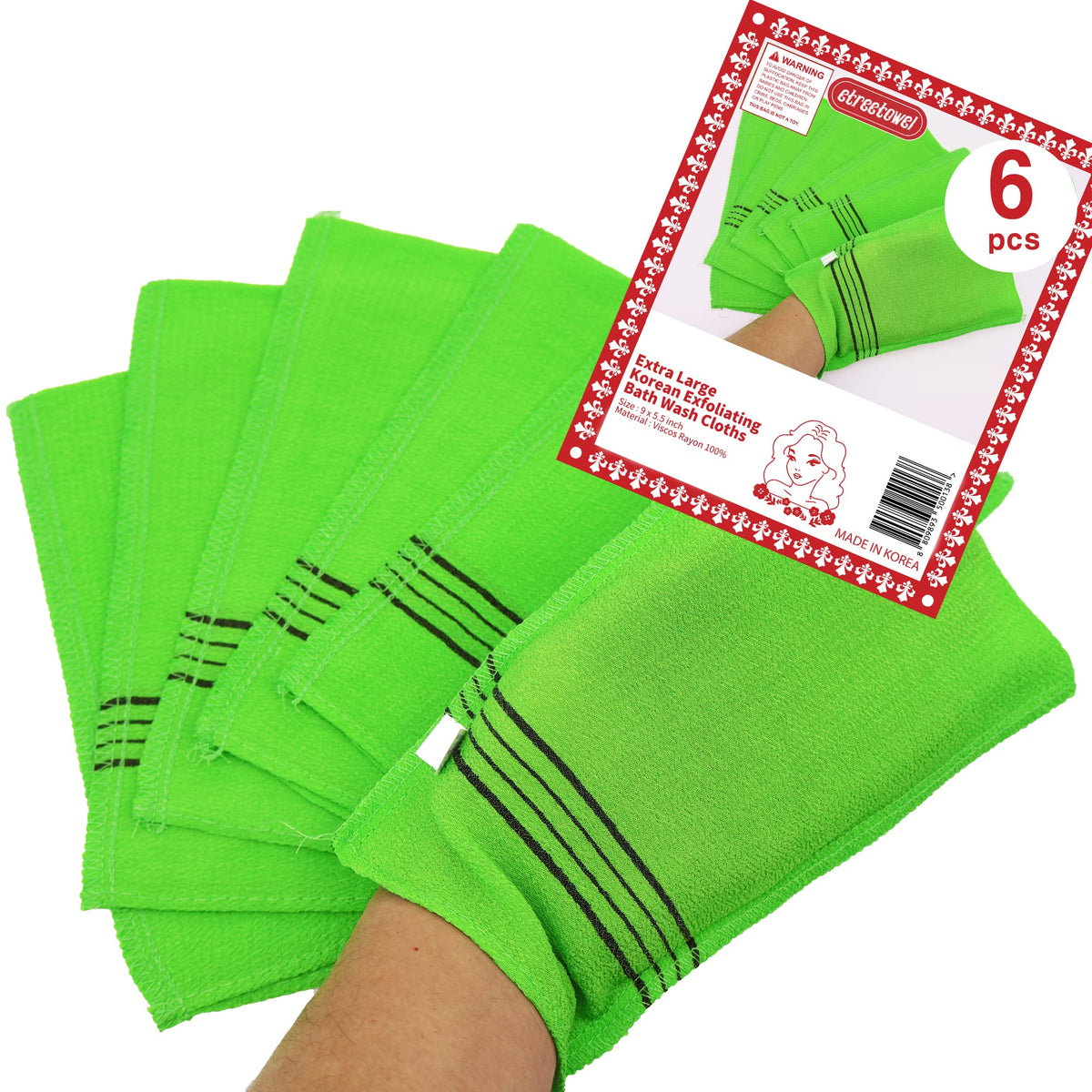 etreetowel Anti-Shrink Korean Asian Exfoliating Bath Washcloths Mitt Scrub for Body washcloth Glove Premium Viscose Rayon Onsen Towel Korea Made (6PACK)